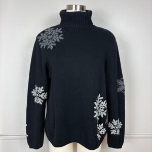 Eddie Bauer Collectibles Womens Snowflake Turtleneck Sweater Sz XL Black Angora
